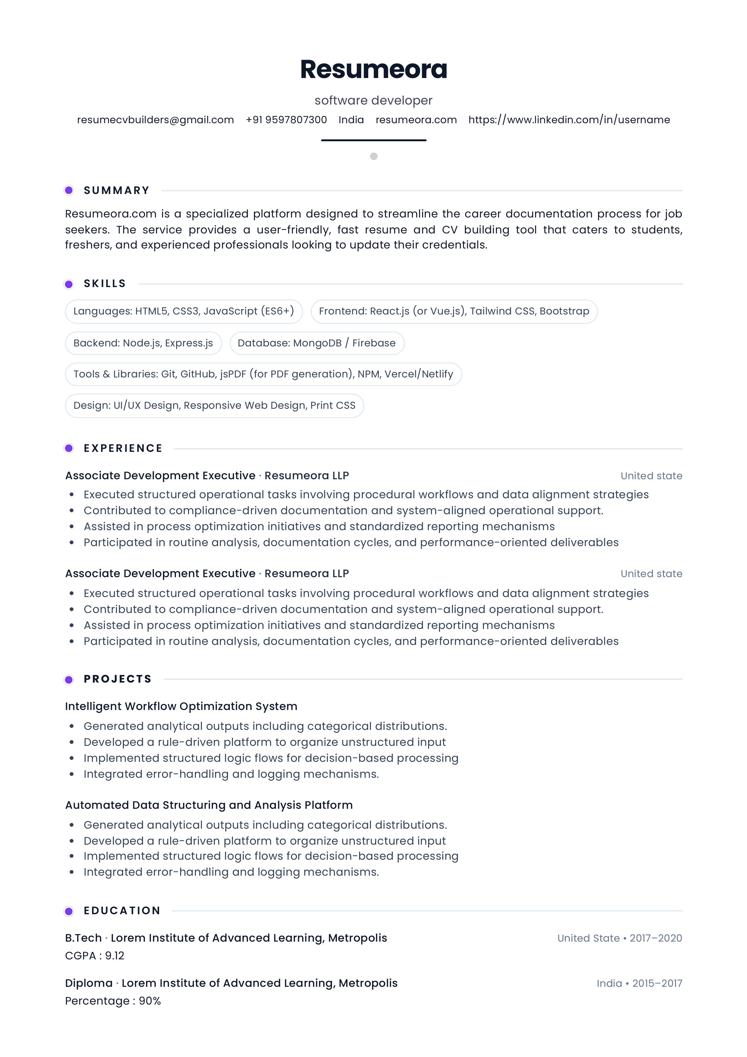 Aurora resume template — Resumeora