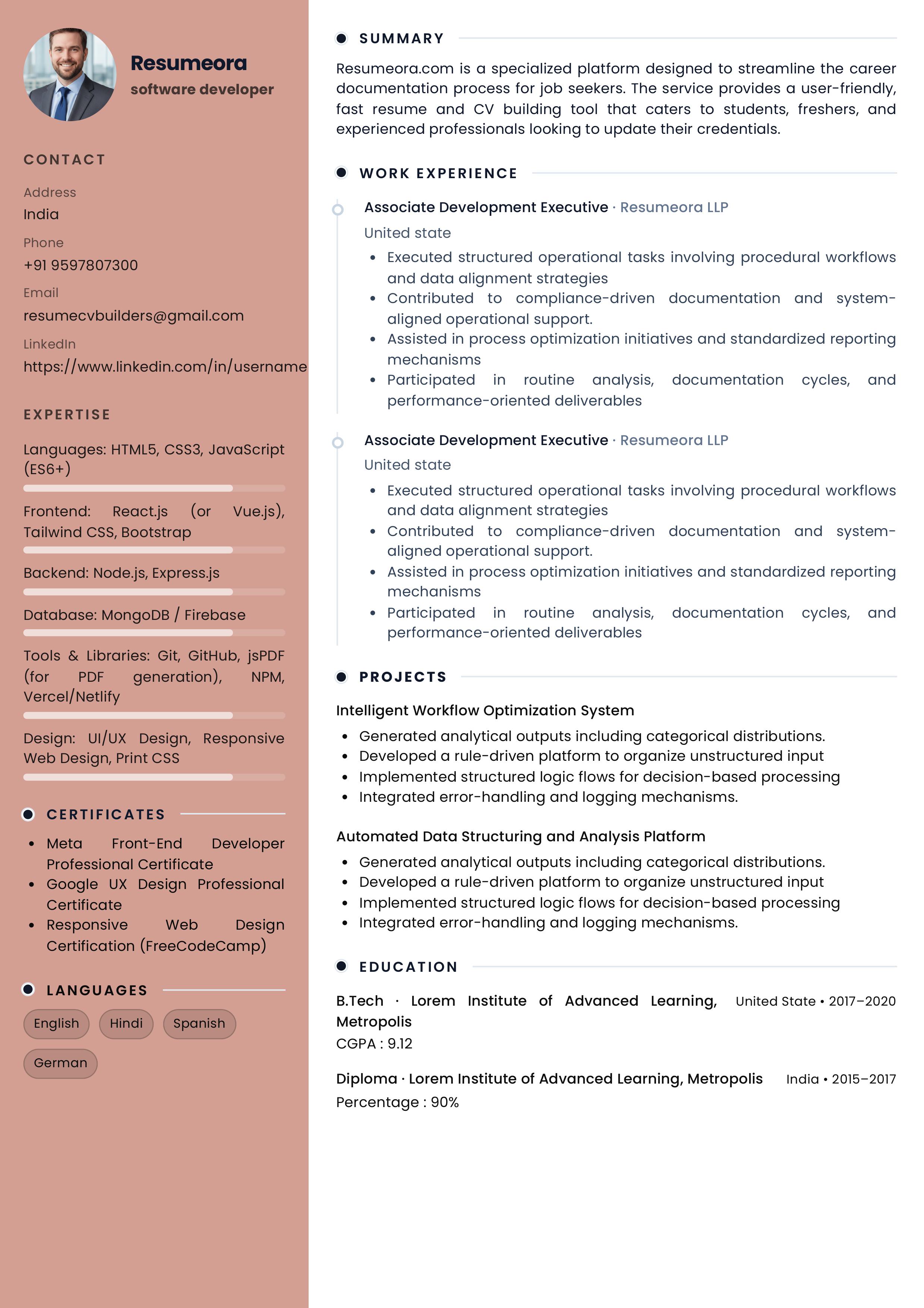 Dark Classic resume template — Resumeora