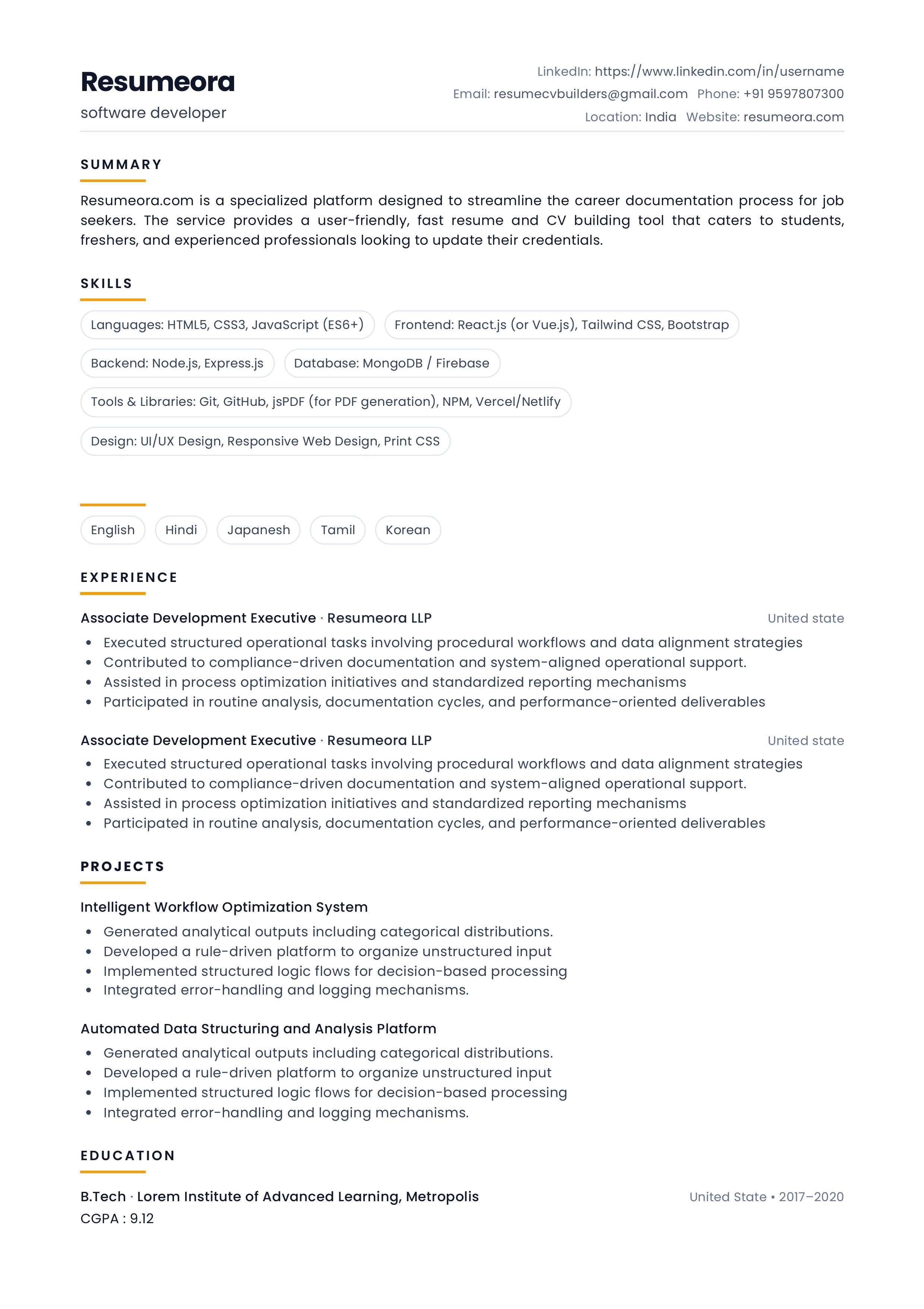 Elegant resume template — Resumeora