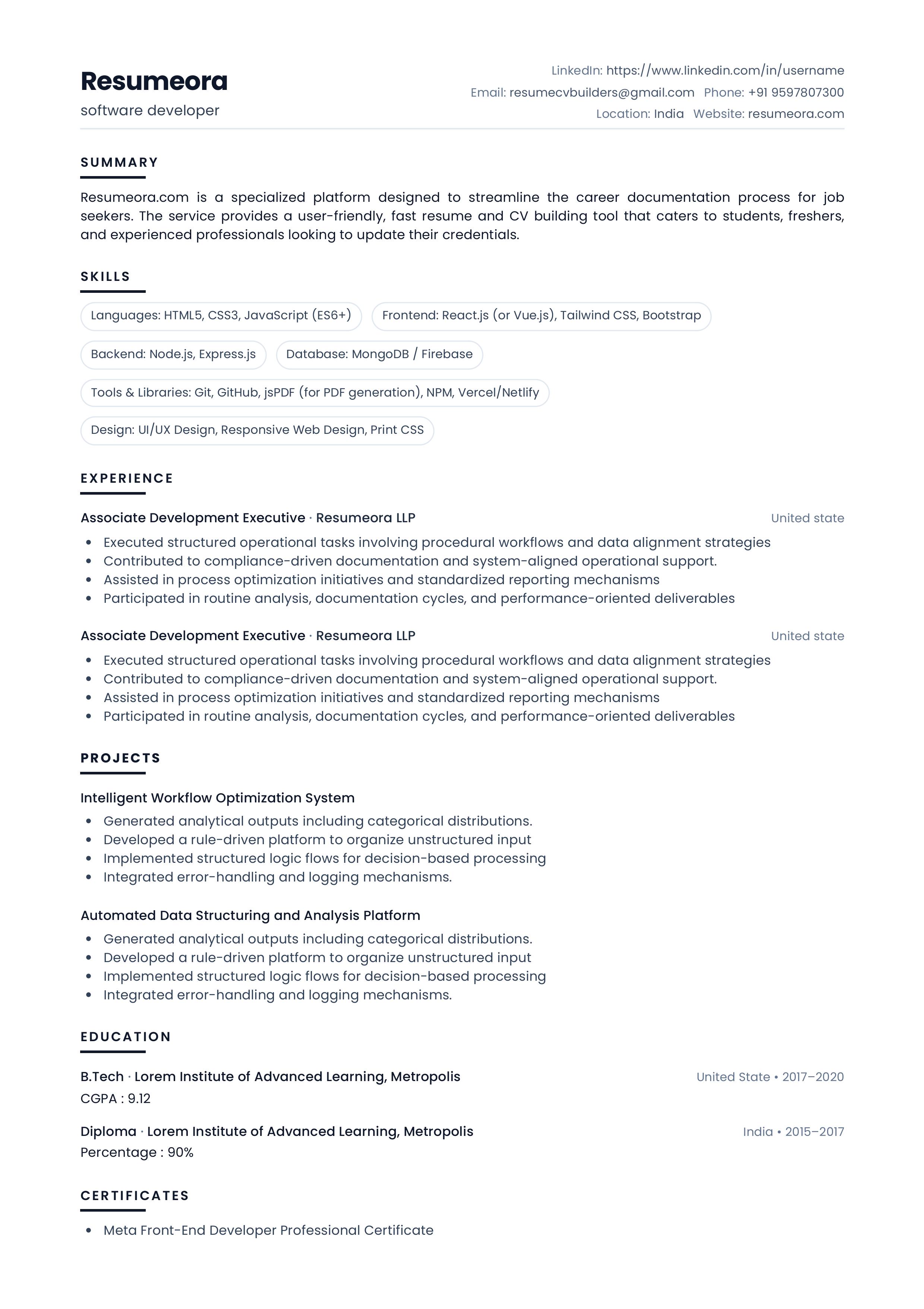 Monochrome resume template — Resumeora