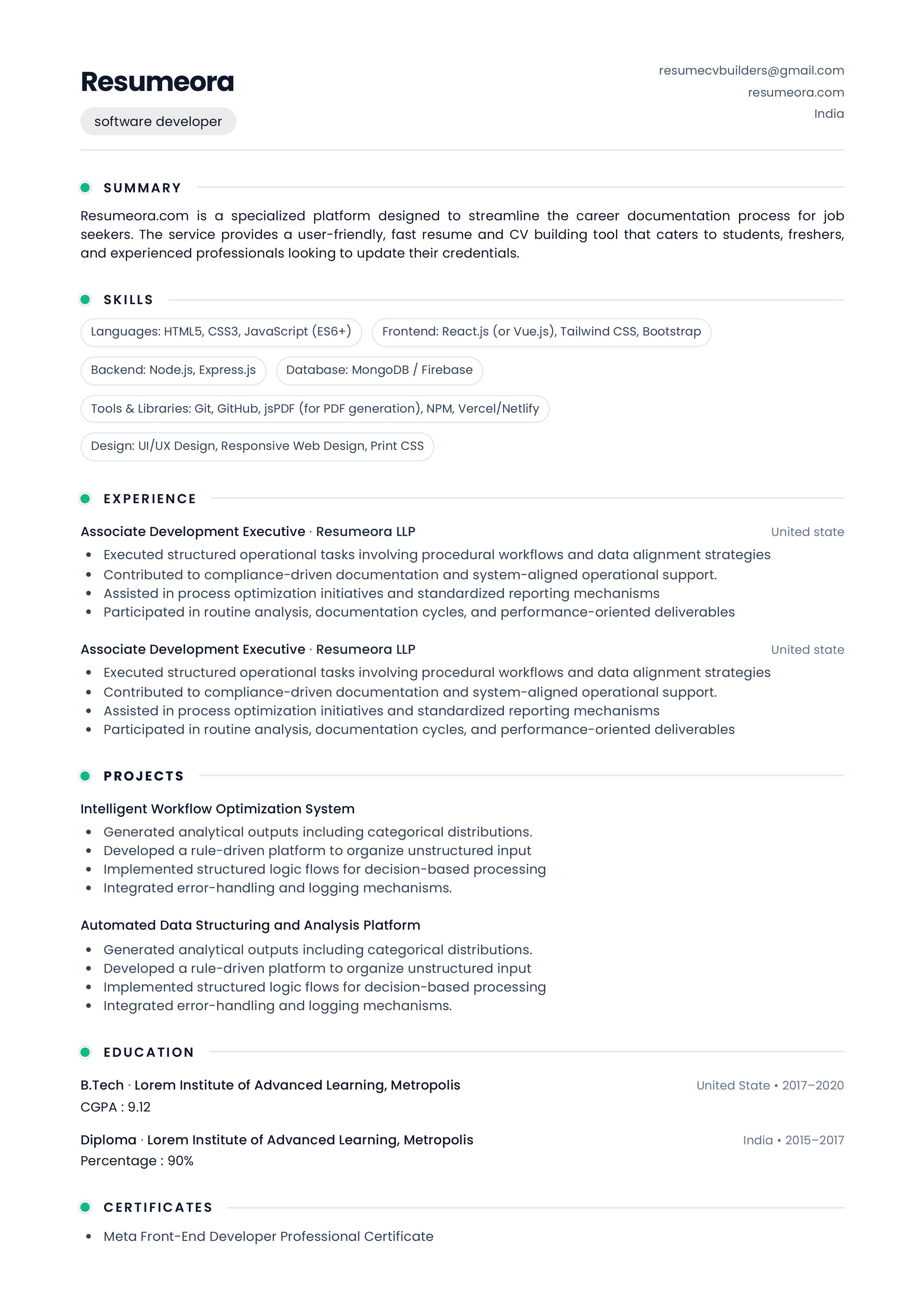 Contemporary resume template — Resumeora