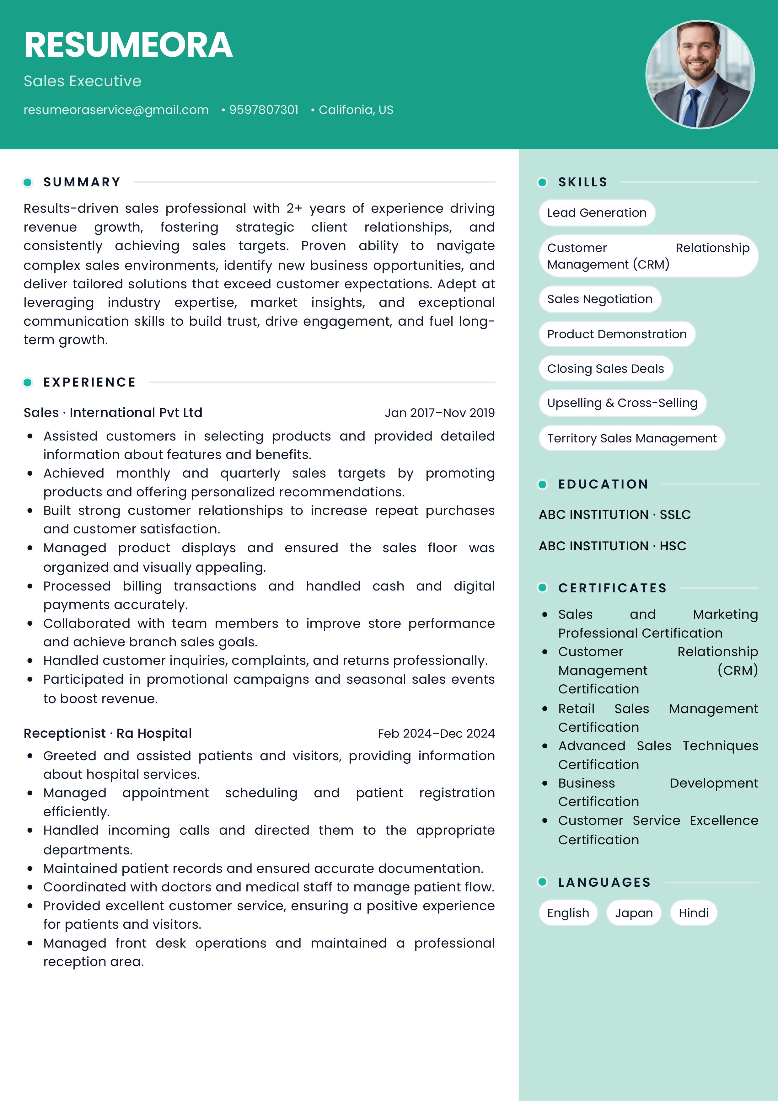 Teal Classic resume template — Resumeora